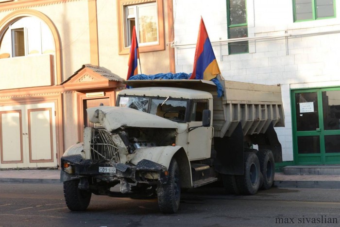 The truck used by Armenian activists in Yerevan to get into the Police Regiment Complex.